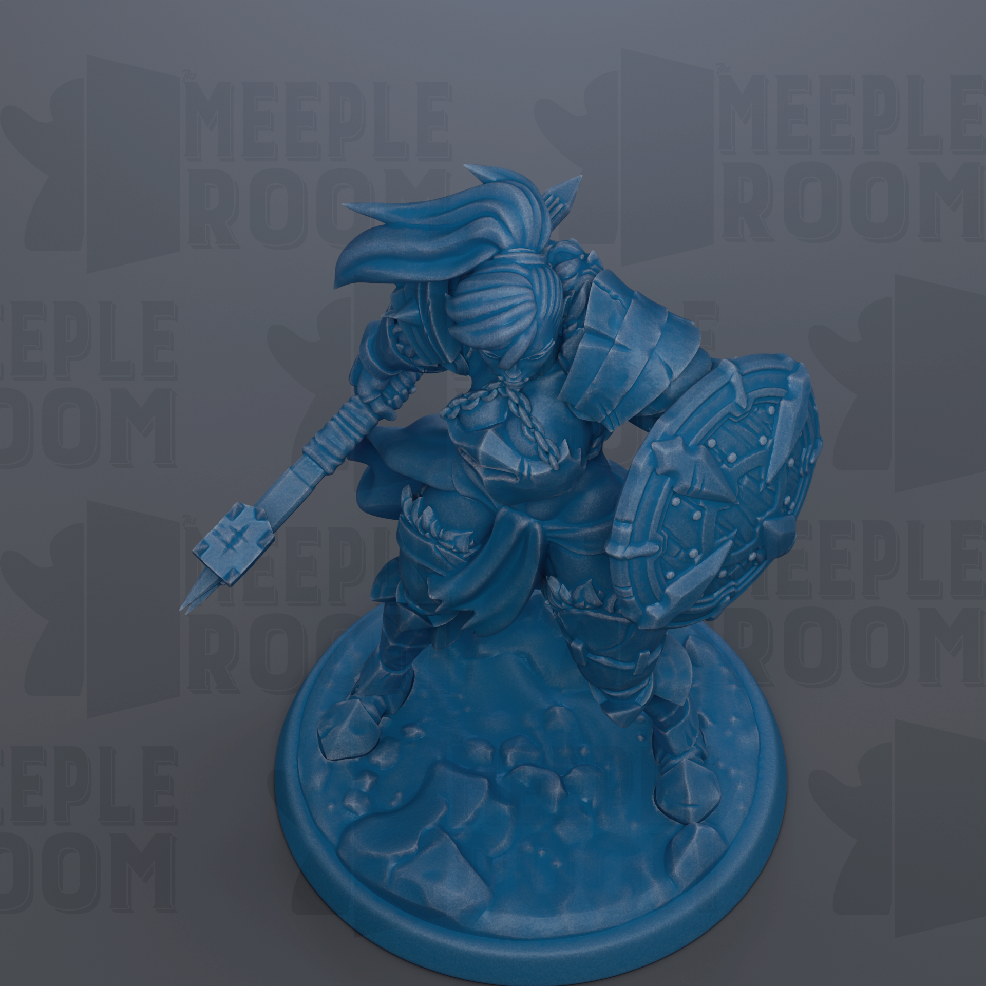 A blue figurine of a warrior figure, holding a shield and sword, is depicted in the image.