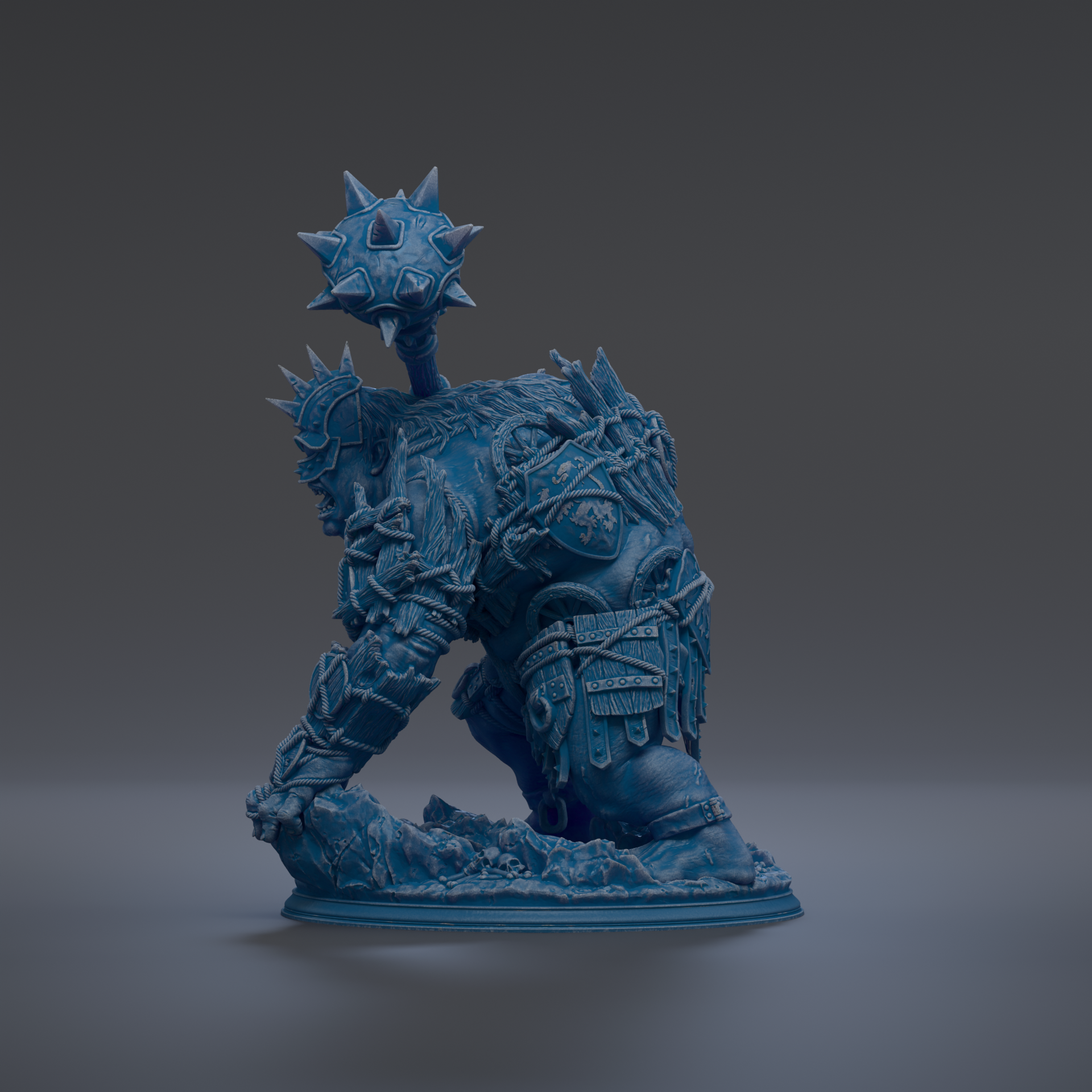 A 3D rendering of a blue armored figure with spikes and weapons, standing on a base.
