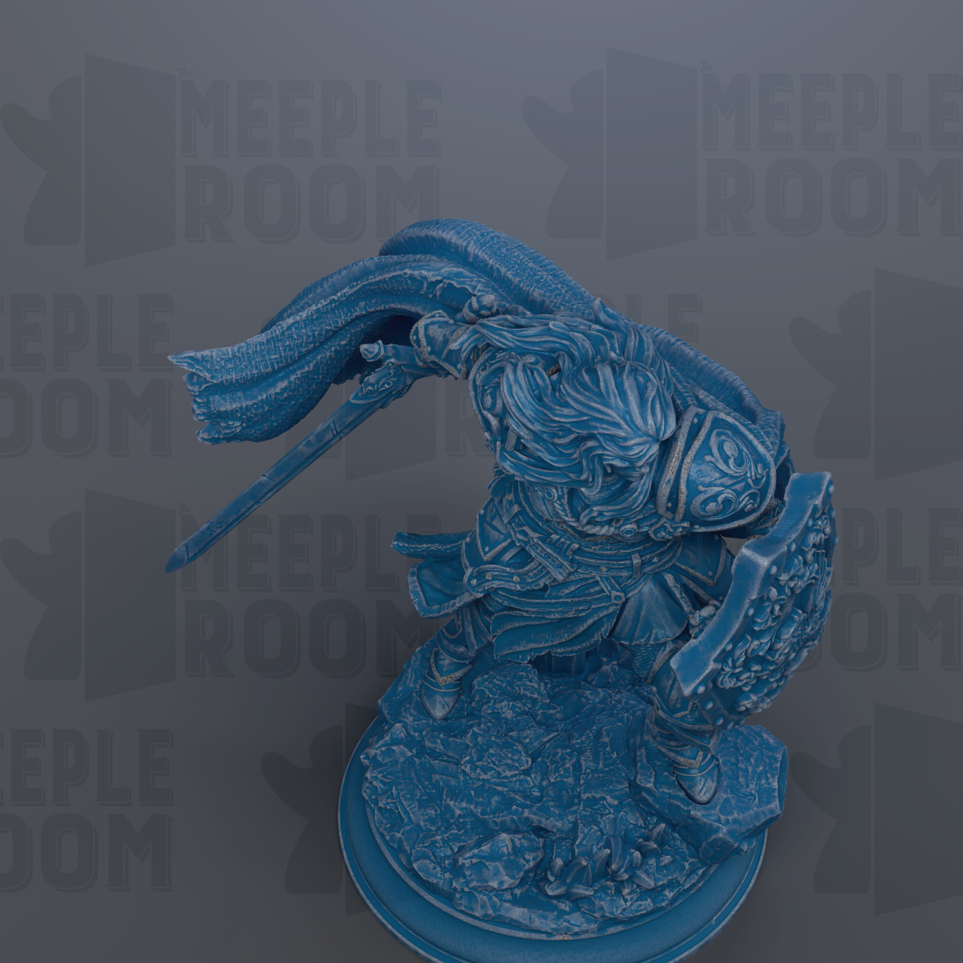 A blue figurine of a warrior figure, holding a sword and shield, is depicted in the image.