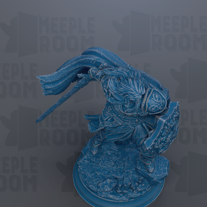 A blue figurine of a warrior figure, holding a sword and shield, is depicted in the image.