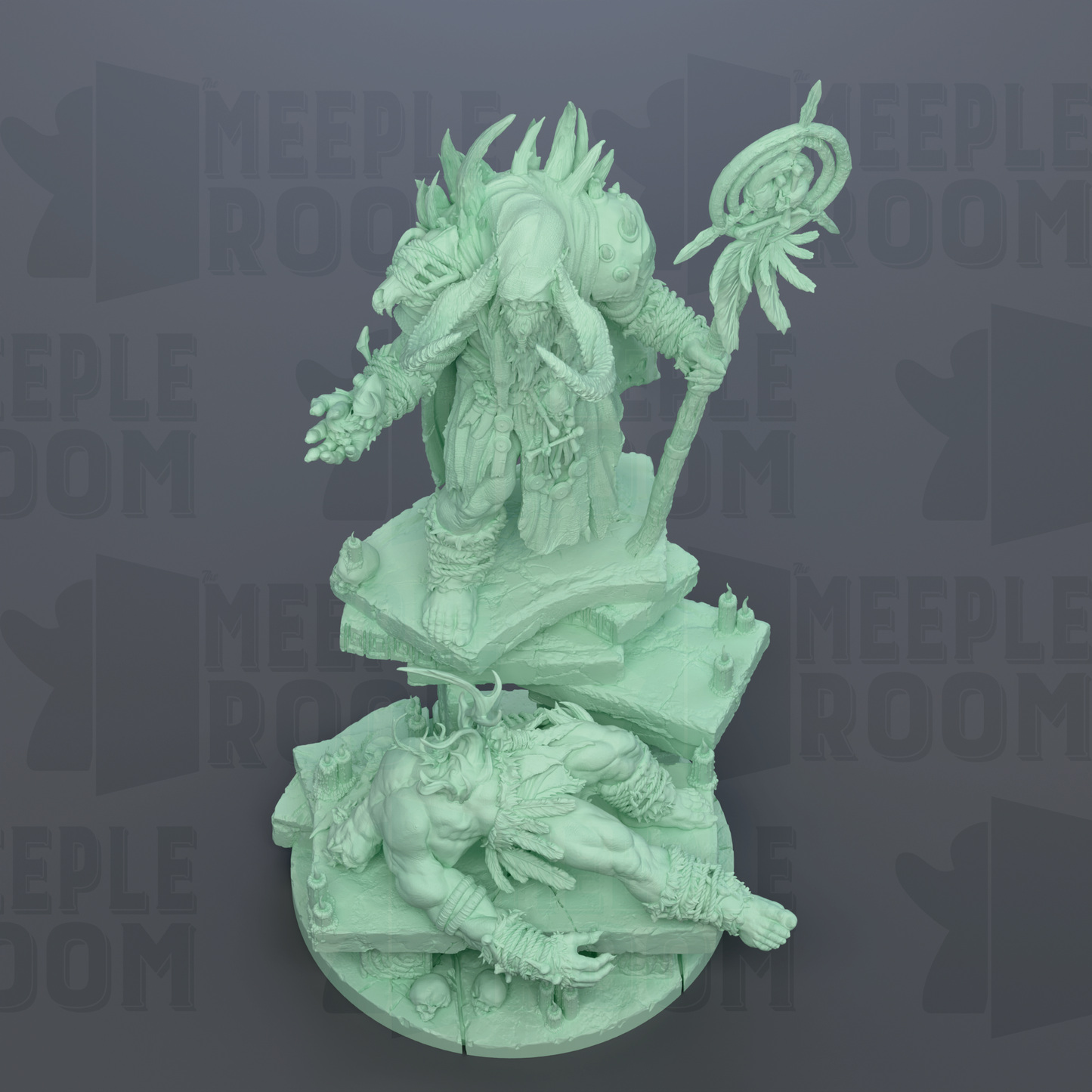 a detailed, green-colored statue depicting a warrior-like figure with a staff and a shield, standing atop a fallen figure.