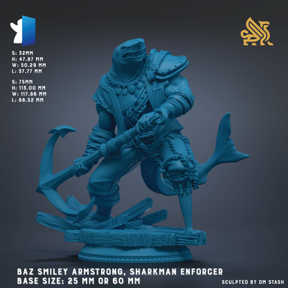 The image is a 3D model of a blue armored figure, likely a sharkman enforcer, with a large hammer in its hand. The figure is depicted in a dynamic pose, standing on a platform. The image is described as a "Baz Smiley Armstrong, Sharkman Enforcer Base Size: 25 mm or 60 mm" and is "Sculpted by DM Stash".