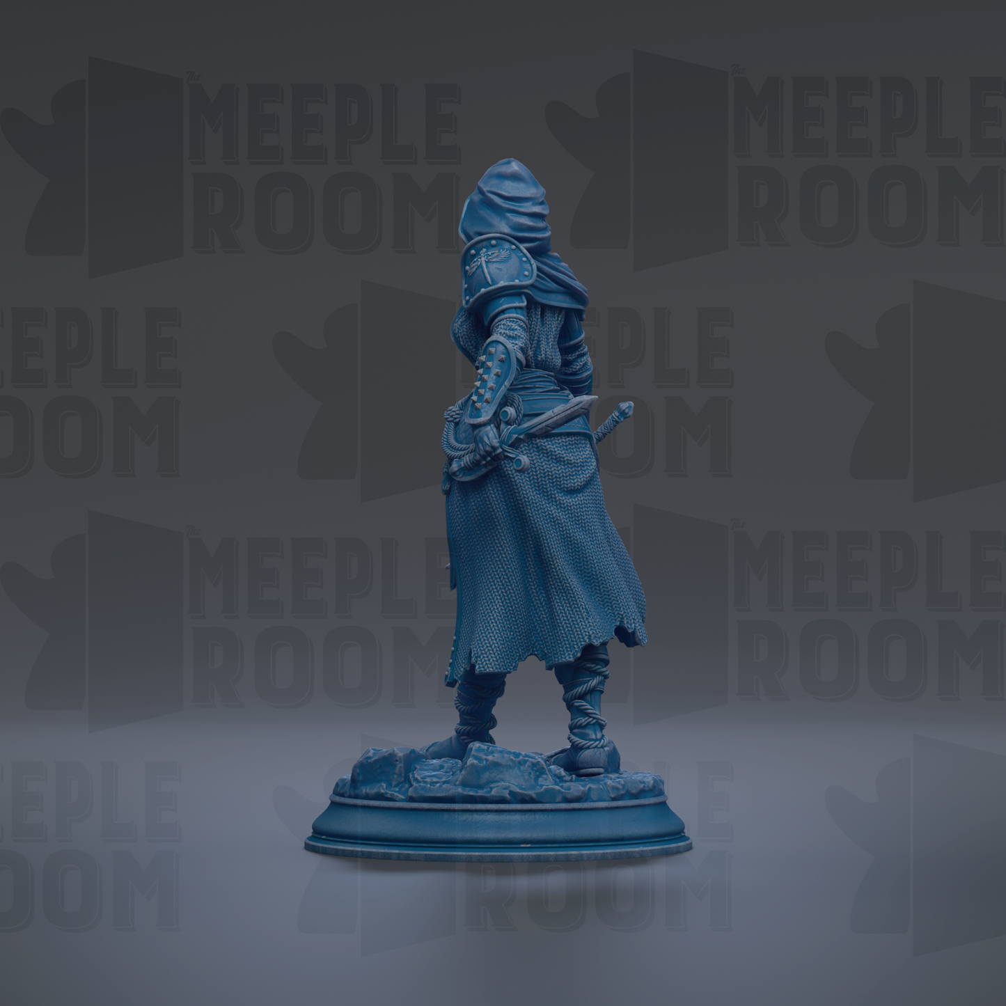 A blue statue of a person standing on a pedestal against a dark background with repeated text.