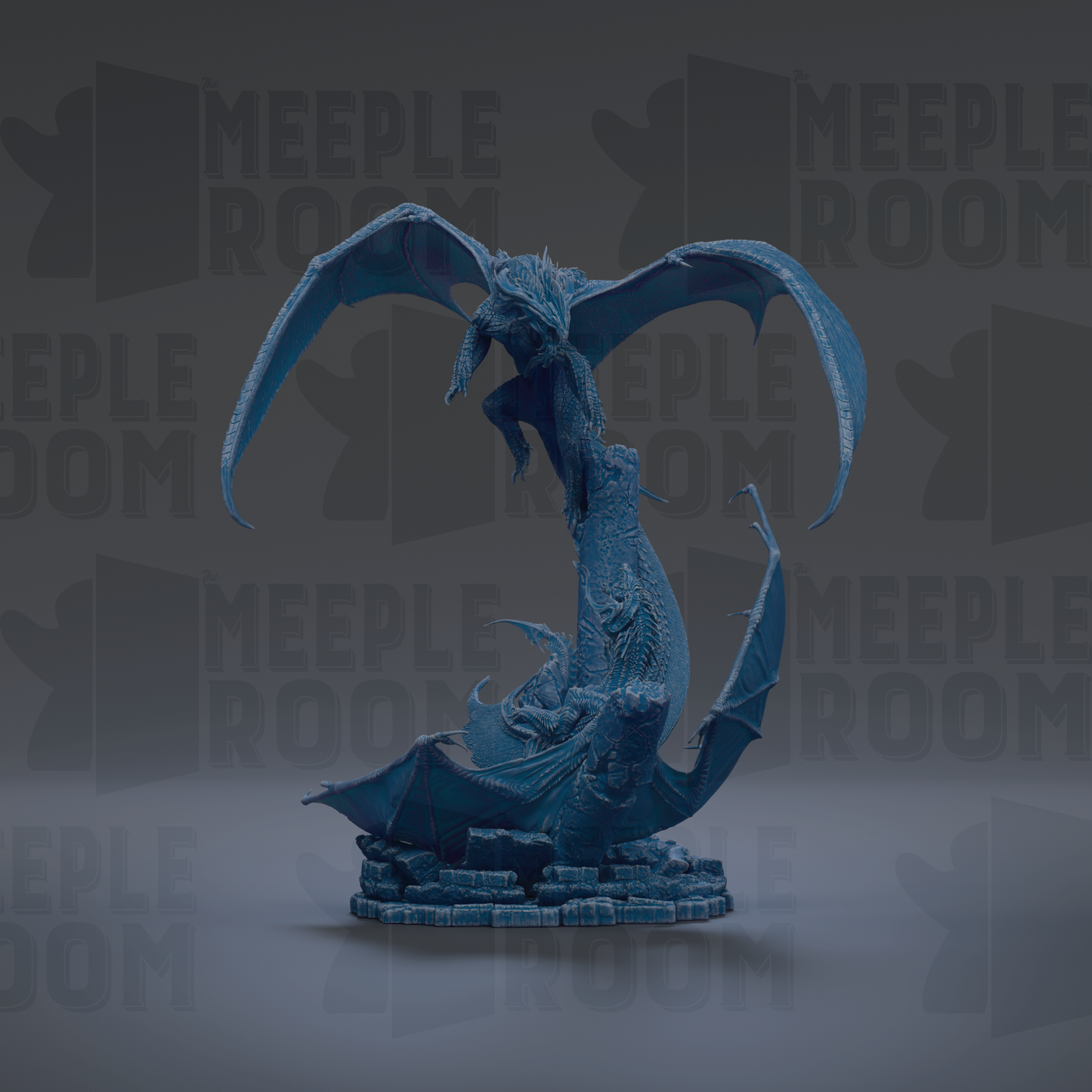 A blue dragon statue with wings spread, standing on a base.