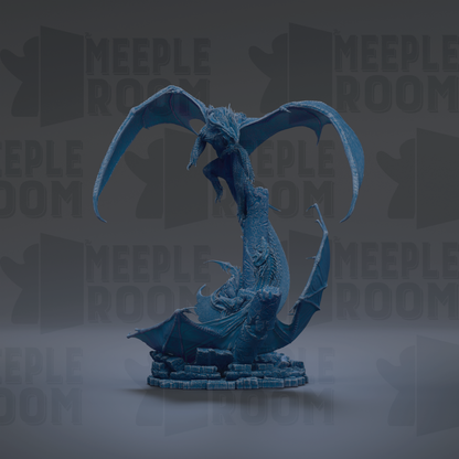 A blue dragon statue with wings spread, standing on a base.