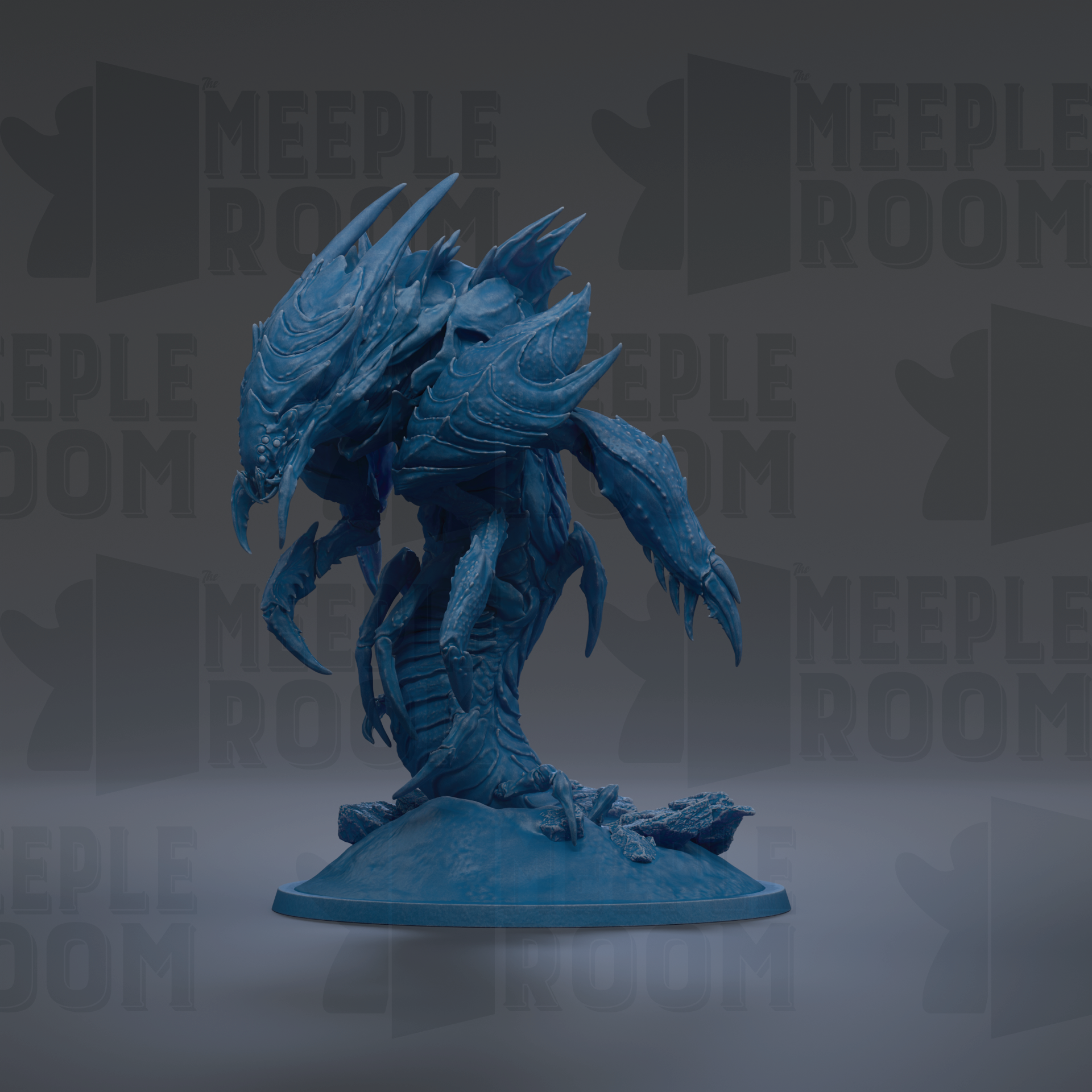 A blue, 3D-rendered creature resembling a dragon or serpent, with sharp teeth and claws, is the central focus of the image.