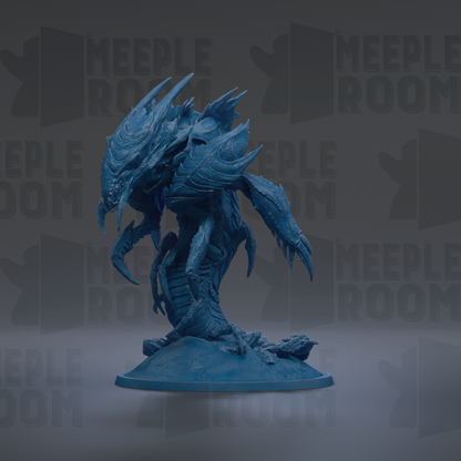 A blue, 3D-rendered creature resembling a dragon or serpent, with sharp teeth and claws, is the central focus of the image.