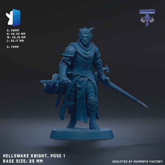a blue knight statue with a sword, standing on a base. The statue is of the Hells wake Knight pose, and it is made of a material called plastic. The statue is of size 25mm and is sculpted by the Mammoth Factory.