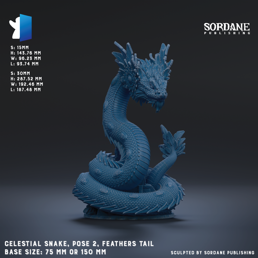 The image is a 3D rendering of a celestial snake, which is a mythical creature with the body of a snake and the head of a serpent. The snake is depicted in a pose with its tail feathers spread out. The image is published by Sordane Publishing and is available in sizes of 75 mm or 150 mm.