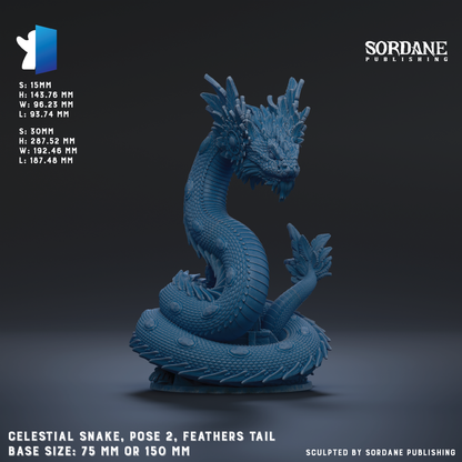 The image is a 3D rendering of a celestial snake, which is a mythical creature with the body of a snake and the head of a serpent. The snake is depicted in a pose with its tail feathers spread out. The image is published by Sordane Publishing and is available in sizes of 75 mm or 150 mm.