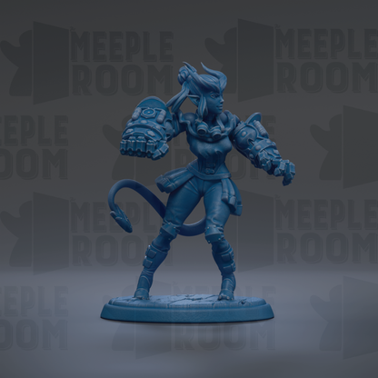 A blue figurine of a female character with horns and a tail, standing on a base and holding a weapon.