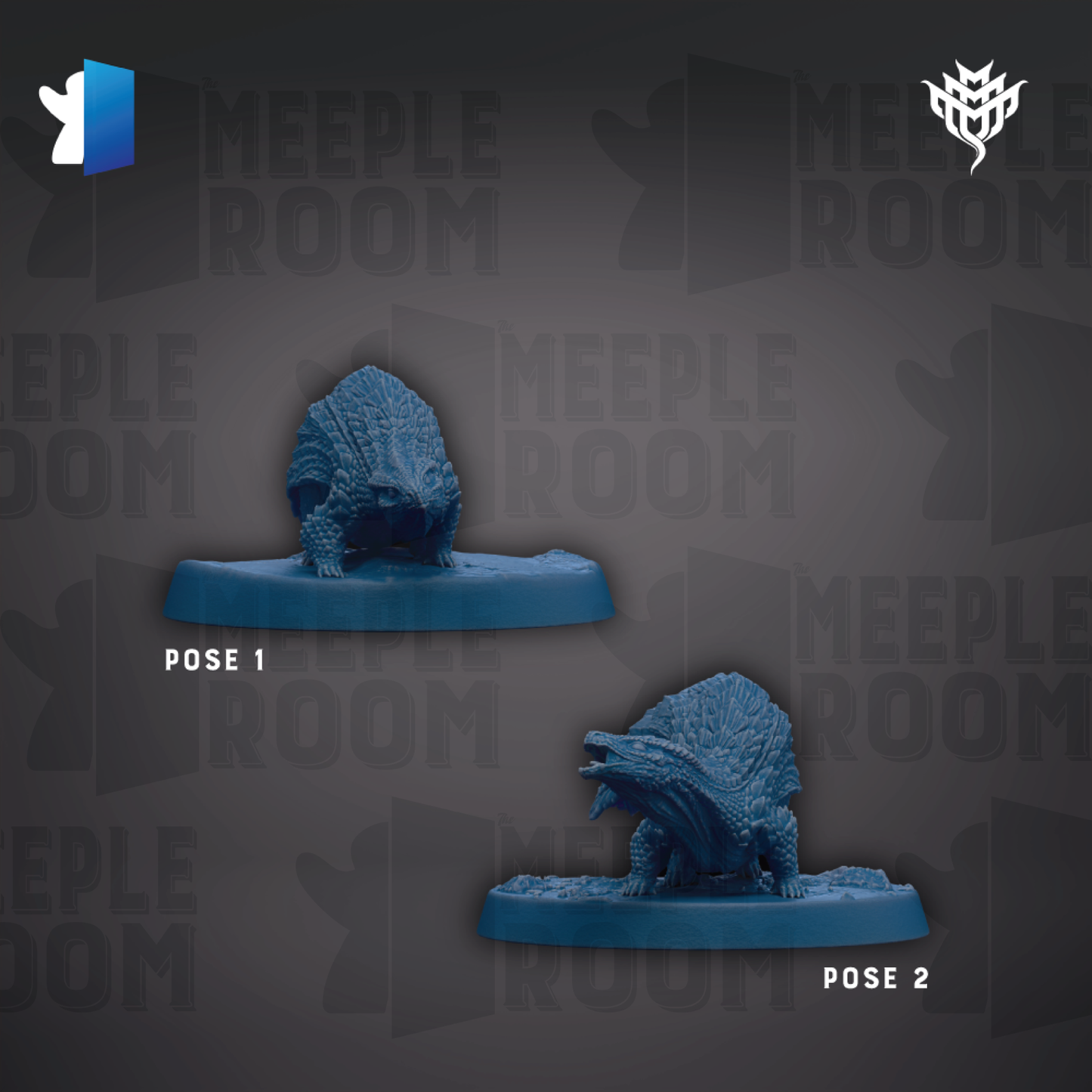 two blue figurines of a creature, possibly a dinosaur or a similar type of animal, placed on blue bases.