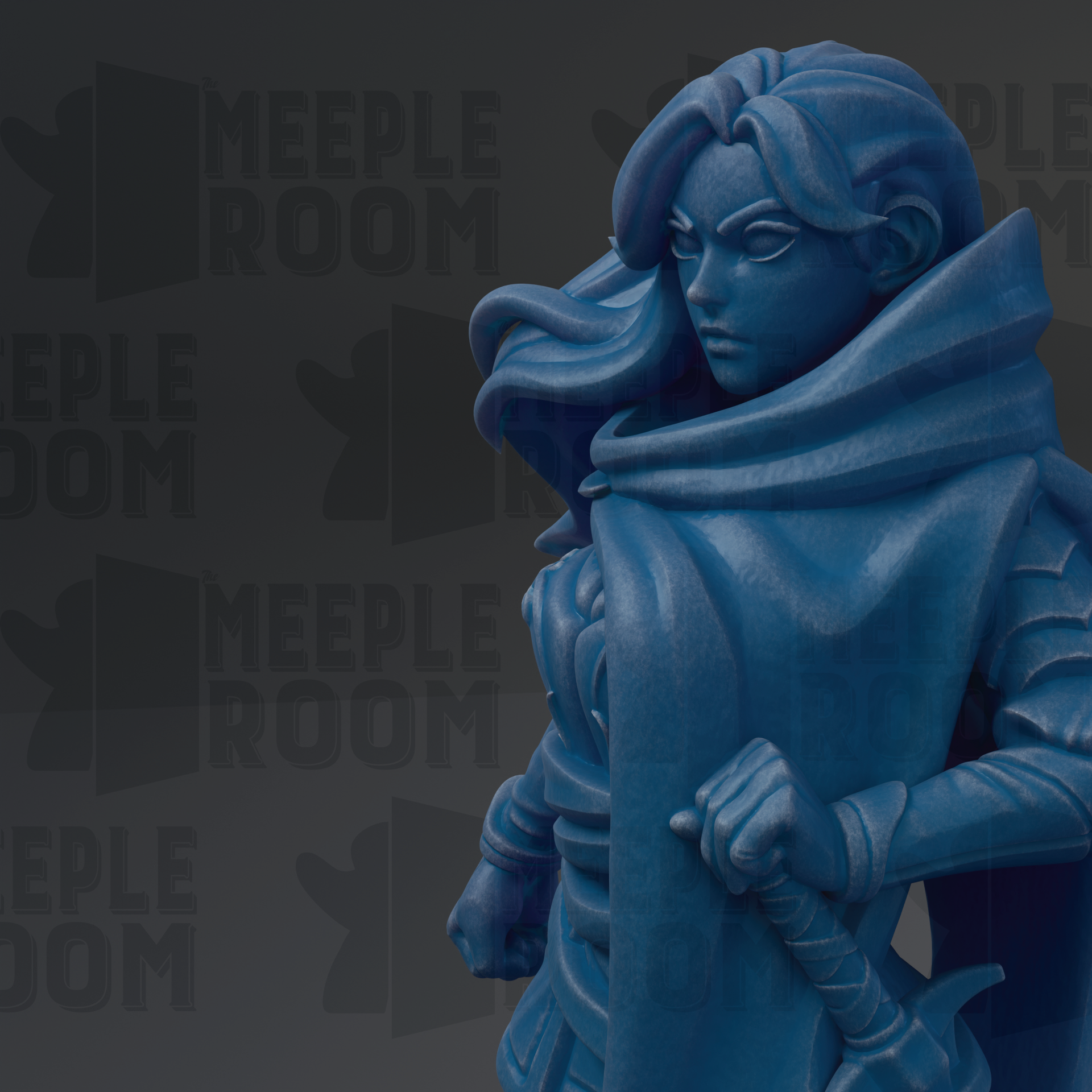 A blue statue of a woman with flowing hair and a flowing cape, holding a sword, is the central focus of the image.