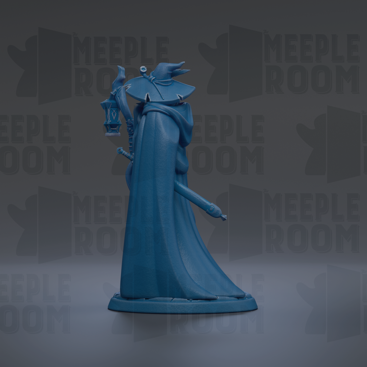 A blue figurine of a wizard or magical figure, holding a lantern and a staff, standing against a dark background with repeated text.