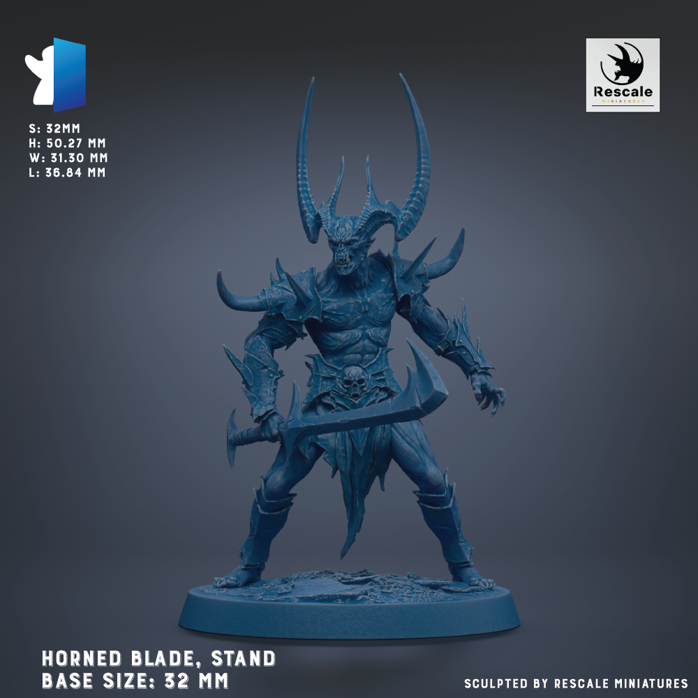 A detailed 3D model of a horned blade warrior statue, standing on a base and holding a sword. The statue is in a blue color and has a menacing expression.