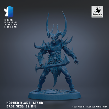 A detailed 3D model of a horned blade warrior statue, standing on a base and holding a sword. The statue is in a blue color and has a menacing expression.