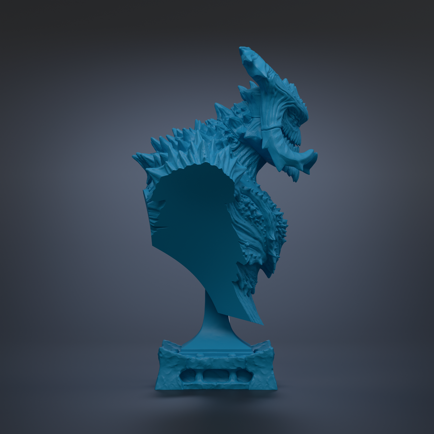 A 3D rendering of a blue, sculpted dragon-like creature with sharp teeth and a fierce expression, standing on a pedestal against a dark background.
