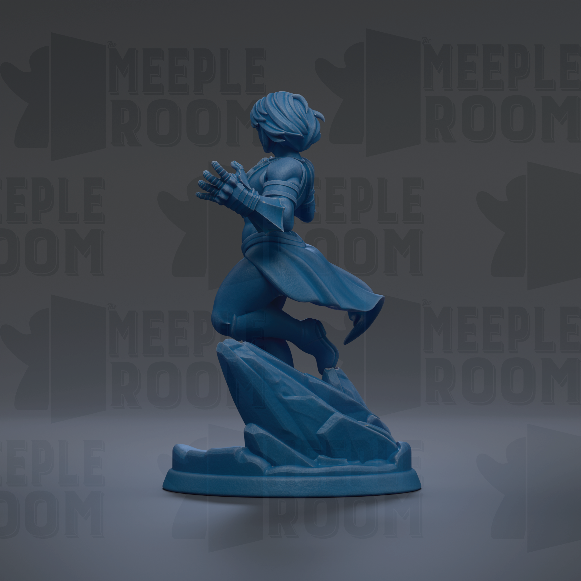 A blue figurine of a person standing on a rock formation against a dark background with repeated text.