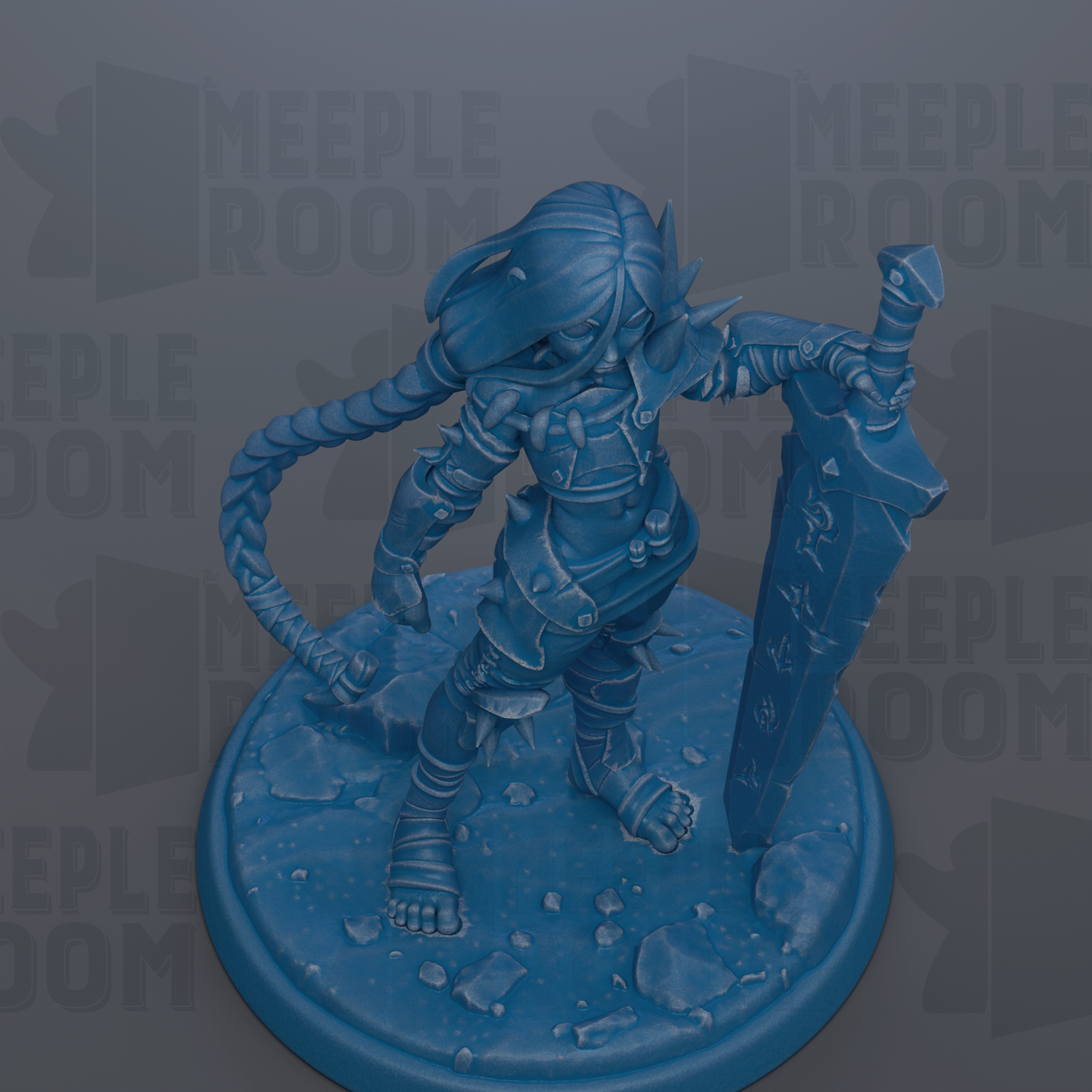 A blue figurine of a warrior-like character holding a sword and shield, standing on a rocky surface.