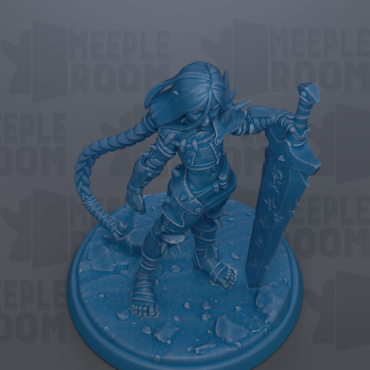 A blue figurine of a warrior-like character holding a sword and shield, standing on a rocky surface.