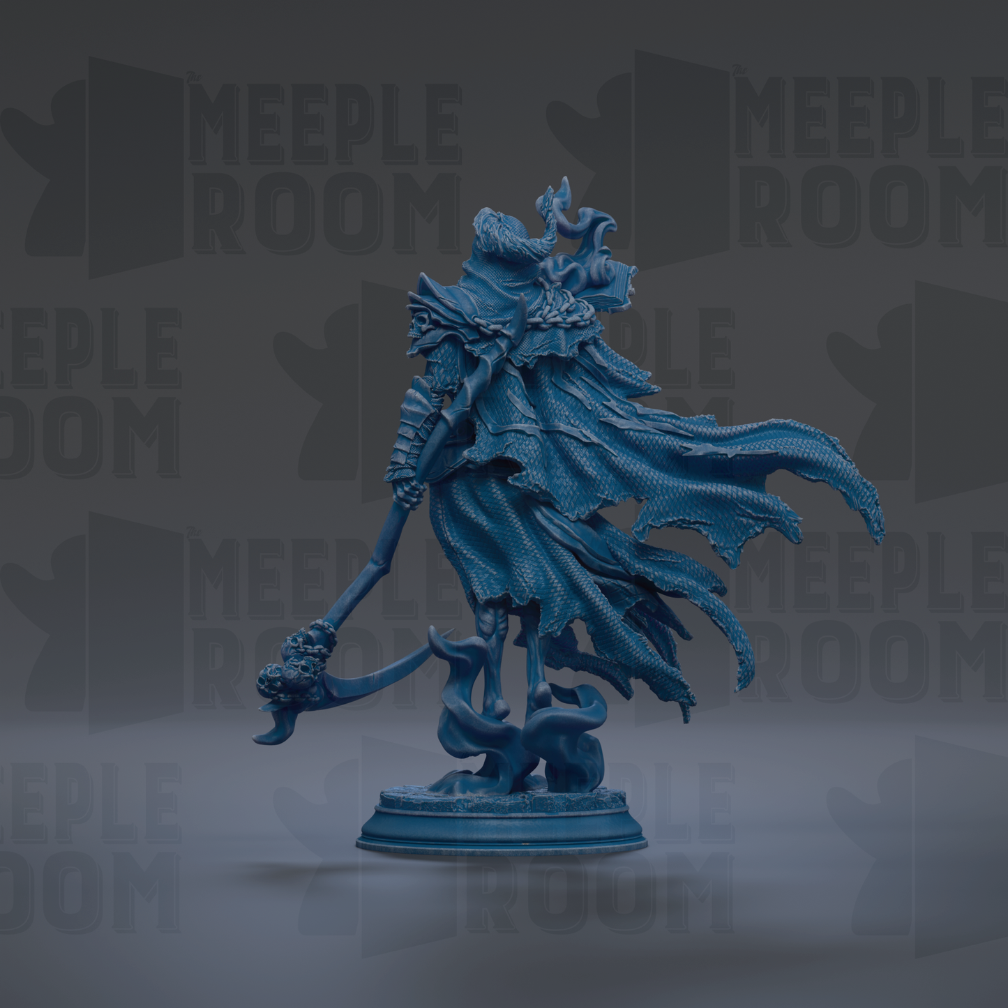 A blue, fantastical statue of a winged, armored figure with a long, curved weapon in its hand, standing on a pedestal against a dark background with repeated text.