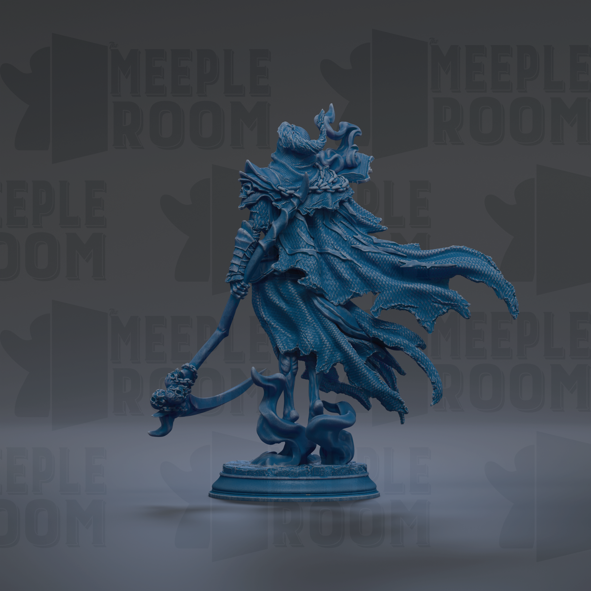 A blue, fantastical statue of a winged, armored figure with a long, curved weapon in its hand, standing on a pedestal against a dark background with repeated text.