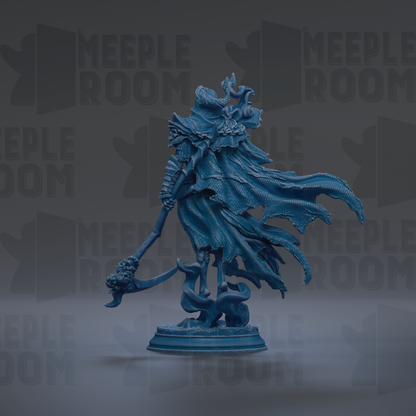 A blue, fantastical statue of a winged, armored figure with a long, curved weapon in its hand, standing on a pedestal against a dark background with repeated text.