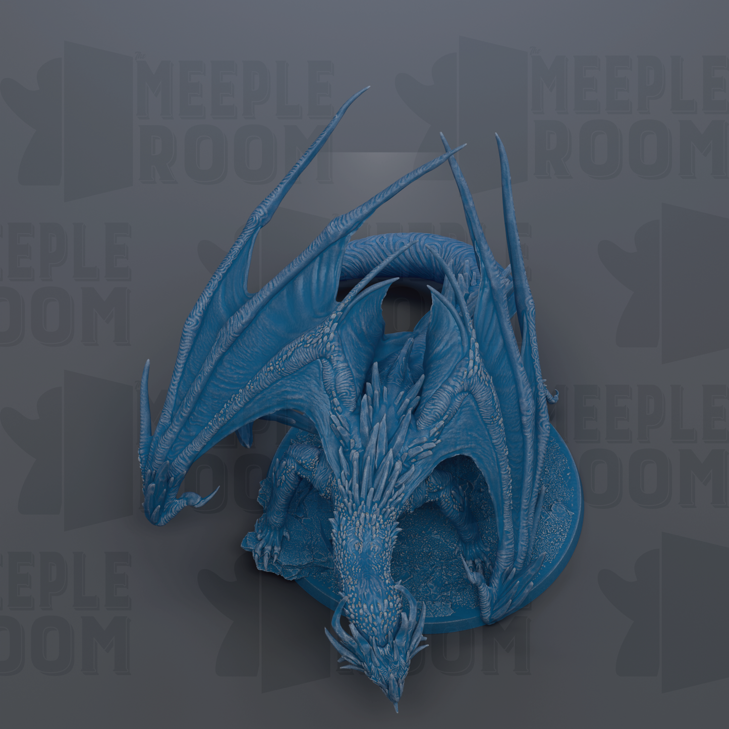 A detailed 3D rendering of a blue dragon statue with intricate scales and wings, set against a dark background with repeated text.