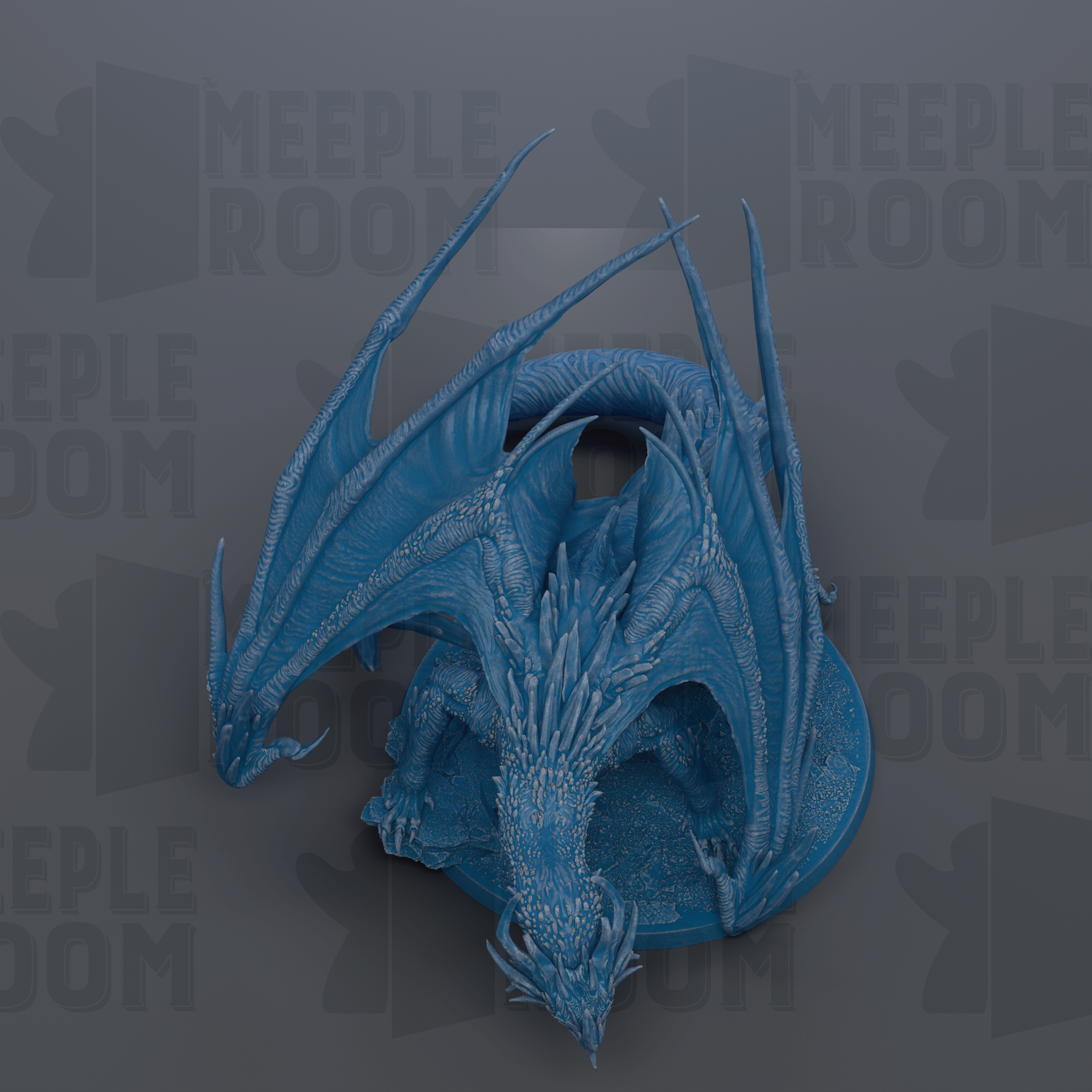 A detailed 3D rendering of a blue dragon statue with intricate scales and wings, set against a dark background with repeated text.