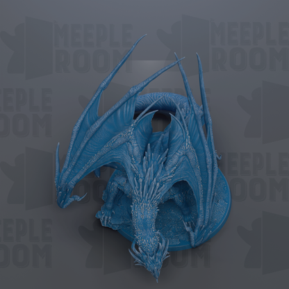 A detailed 3D rendering of a blue dragon statue with intricate scales and wings, set against a dark background with repeated text.