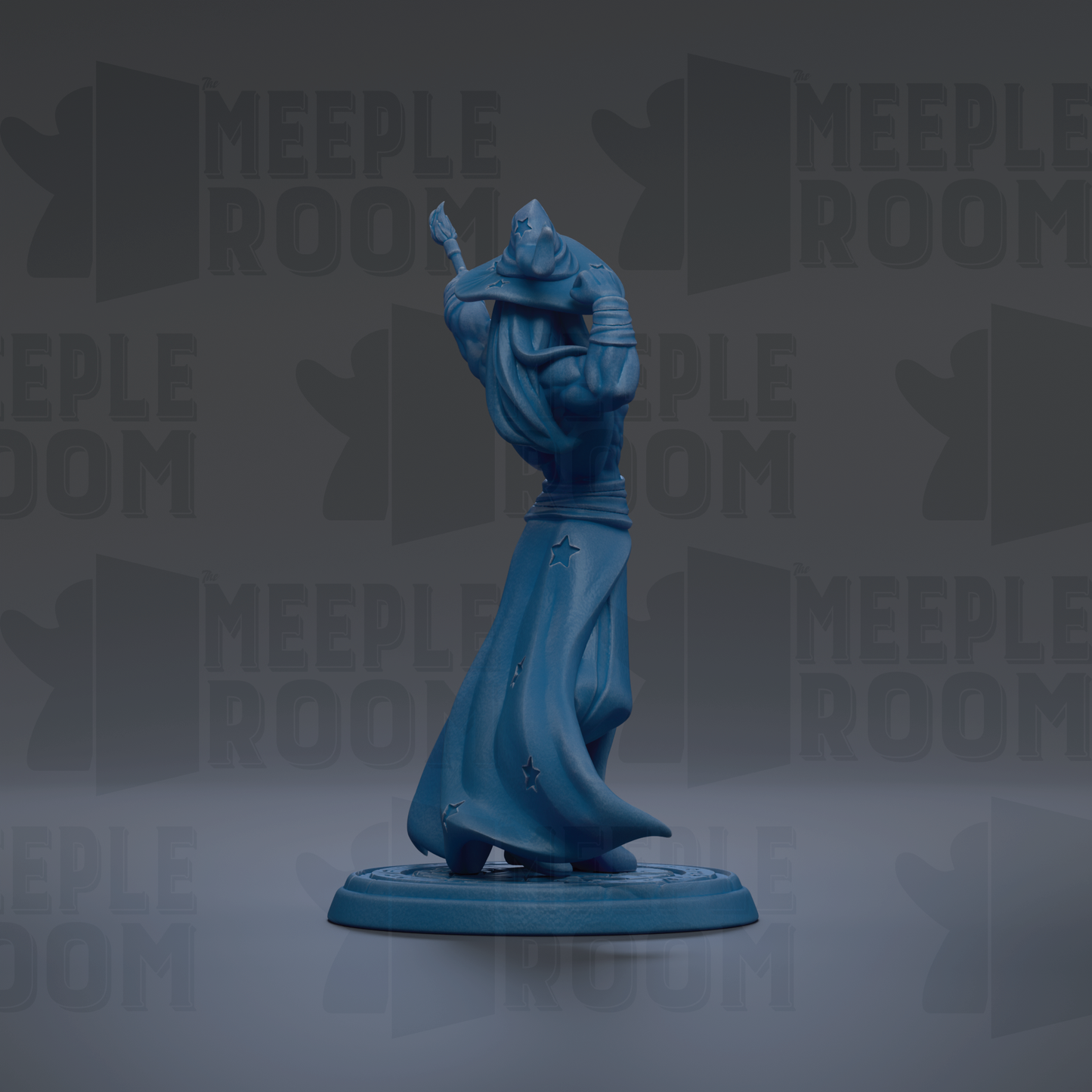 A blue figurine of a person with a sword and a flowing cape, standing on a circular base against a dark background with repeated text.