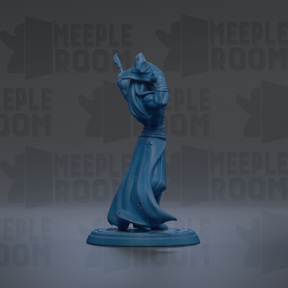 A blue figurine of a person with a sword and a flowing cape, standing on a circular base against a dark background with repeated text.