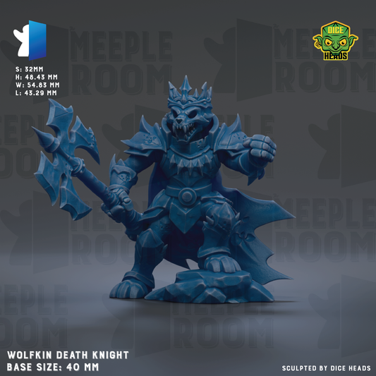 A 3D rendering of a blue death knight figurine, with a detailed and intricate design, standing on a rock formation.