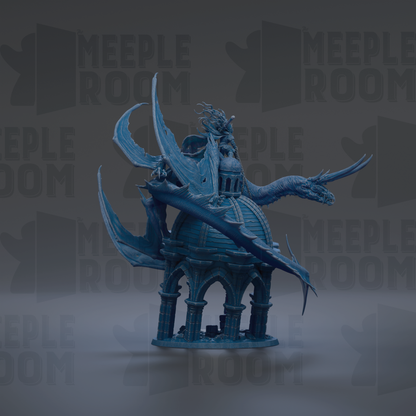 A blue dragon statue with wings and a dome-shaped body, standing on a pedestal.