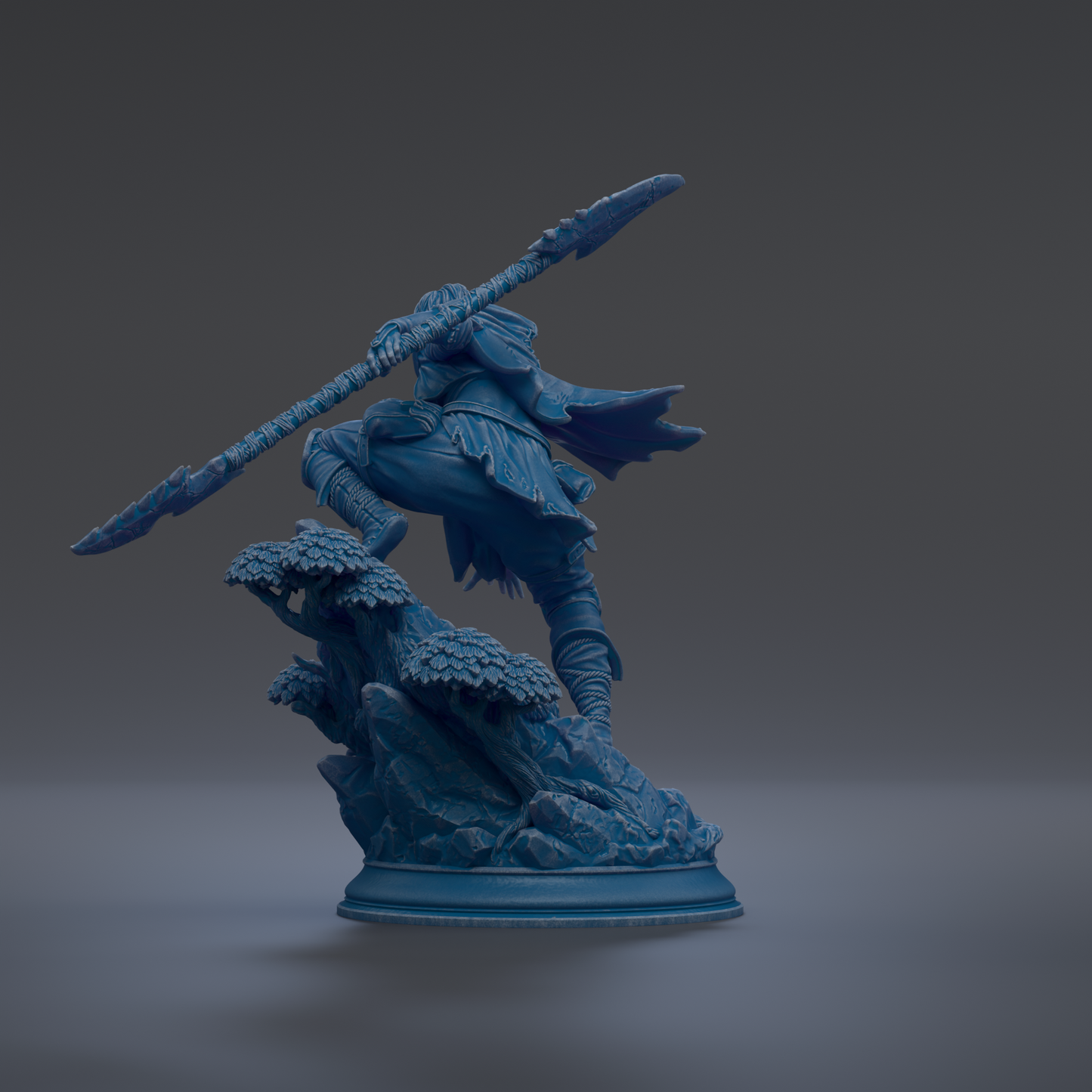A blue statue of a warrior wielding a spear and shield, standing on a rocky outcrop against a dark background.