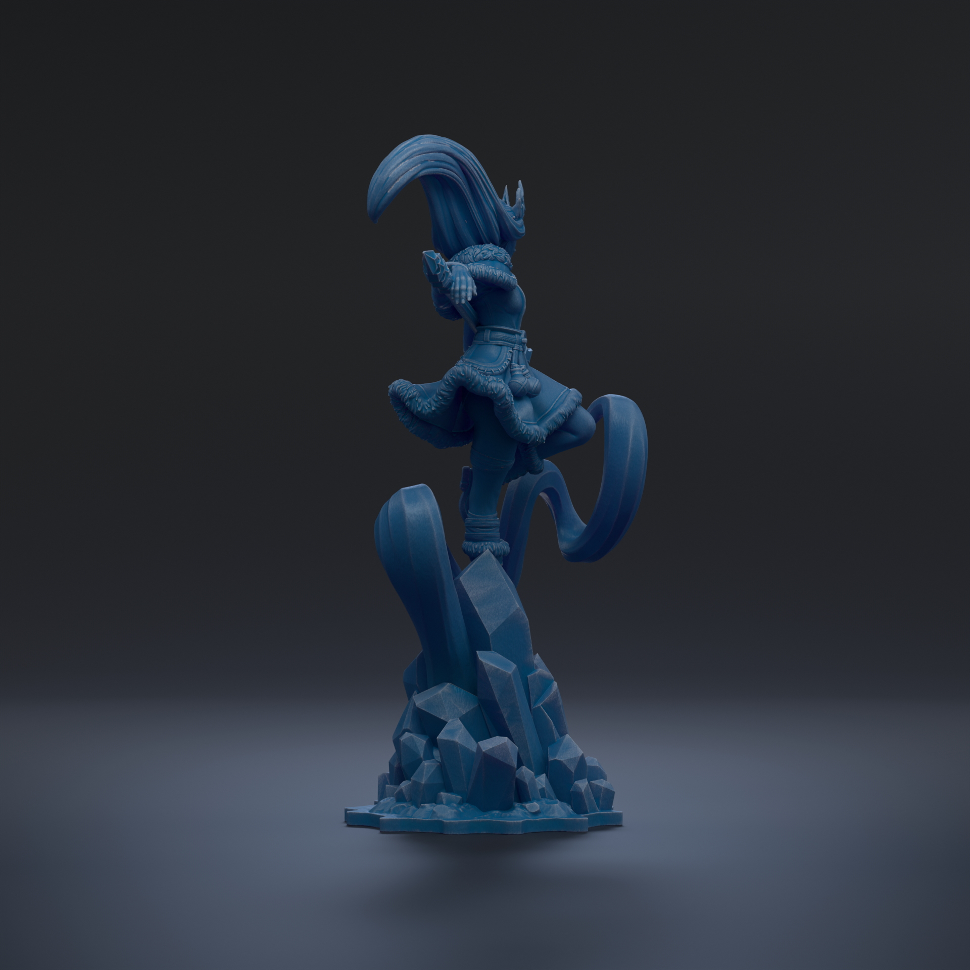A 3D rendering of a blue, fantastical creature with a large head and long tail, standing on a rocky base and appearing to be in motion.
