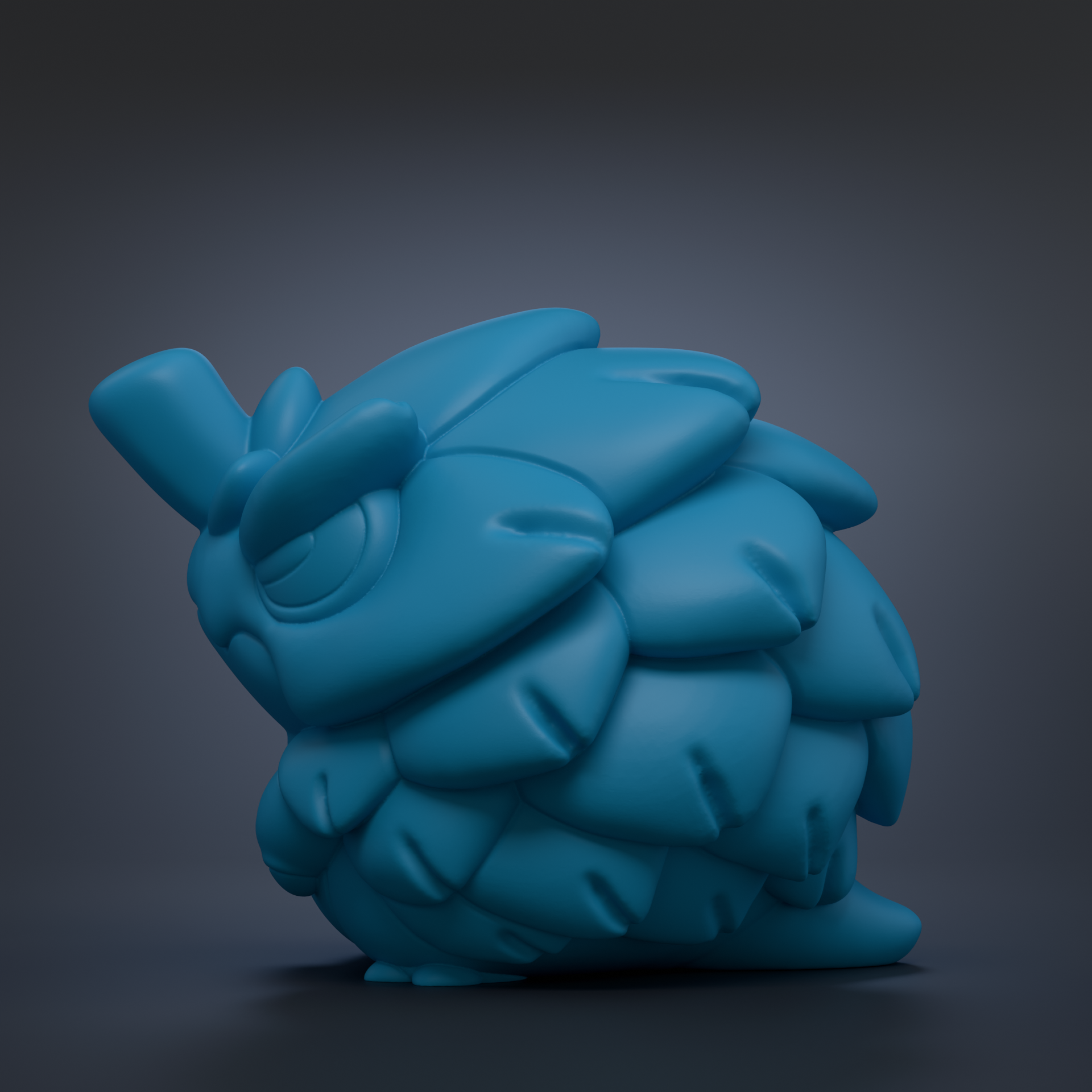 A blue, 3D-rendered cartoon-like creature with a large head and a smaller body, sitting on a dark surface.