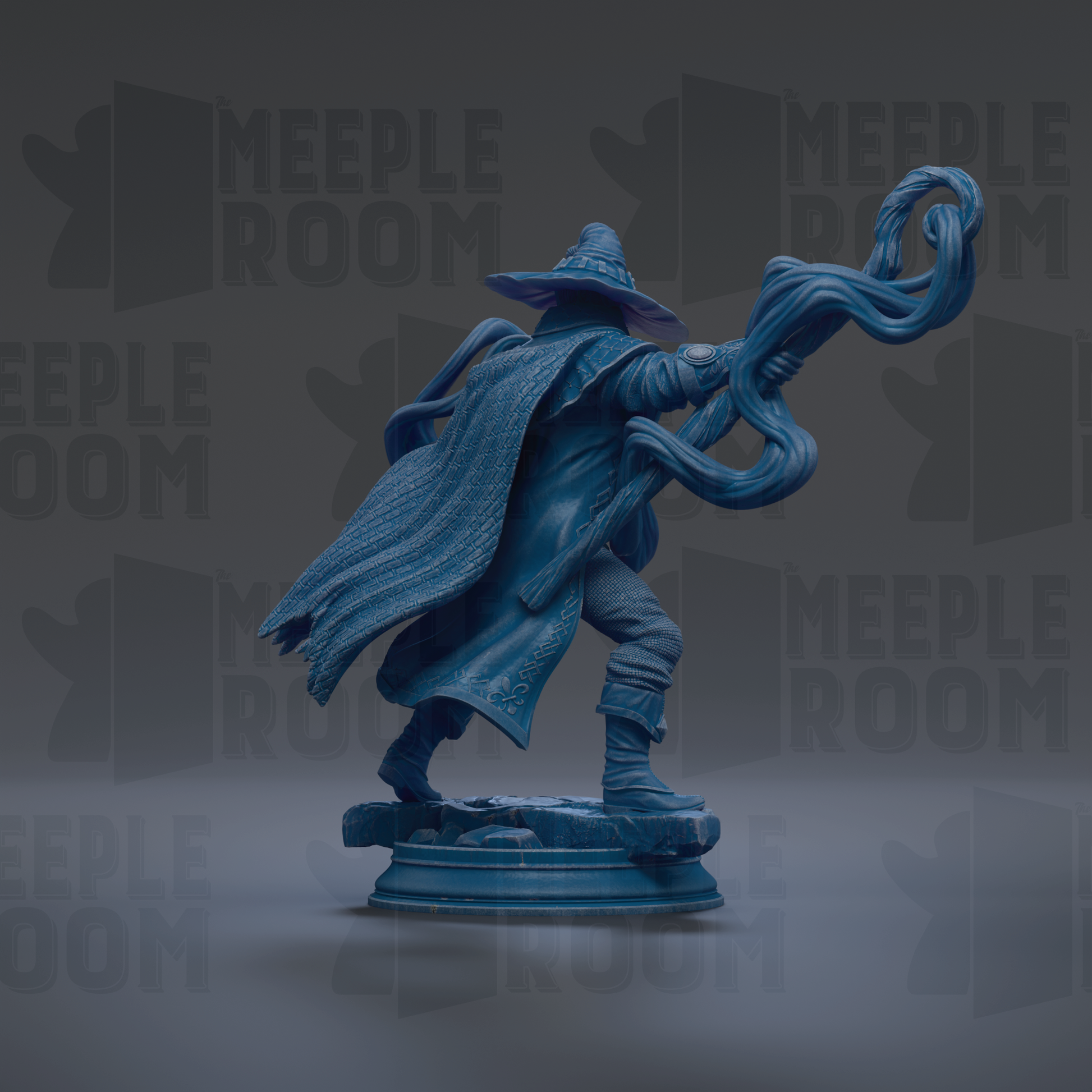 A blue statue of a wizard or magical figure holding a staff and a staff-like object, standing on a pedestal against a dark background with repeated text.