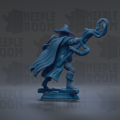 A blue statue of a wizard or magical figure holding a staff and a staff-like object, standing on a pedestal against a dark background with repeated text.