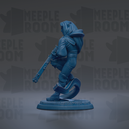 A blue figurine of a person holding a weapon, standing on a base, against a dark background with repeated text.