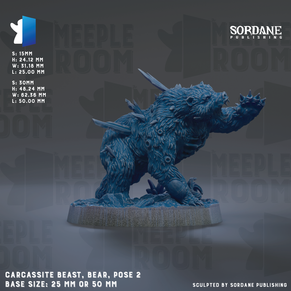 The image is a detailed 3D rendering of a blue bear statue, with the bear in a pose that suggests it is ready to attack. The bear is positioned on a base that is either 25mm or 50mm in size, depending on the perspective. The background of the image is a dark gray color, which contrasts with the bear and makes it stand out. The image does not contain any text or additional objects, and the bear is the main focus of the image.