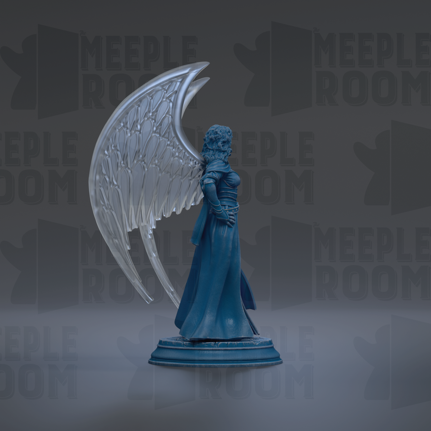 A blue statue of a winged figure stands on a pedestal against a dark background with repeated text.