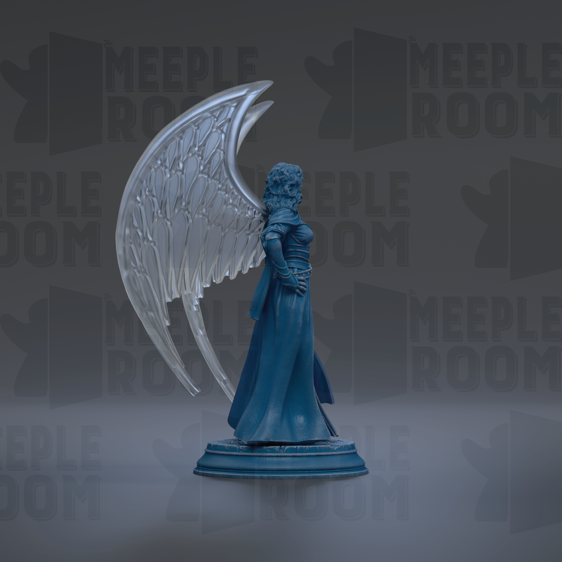 A blue statue of a winged figure stands on a pedestal against a dark background with repeated text.