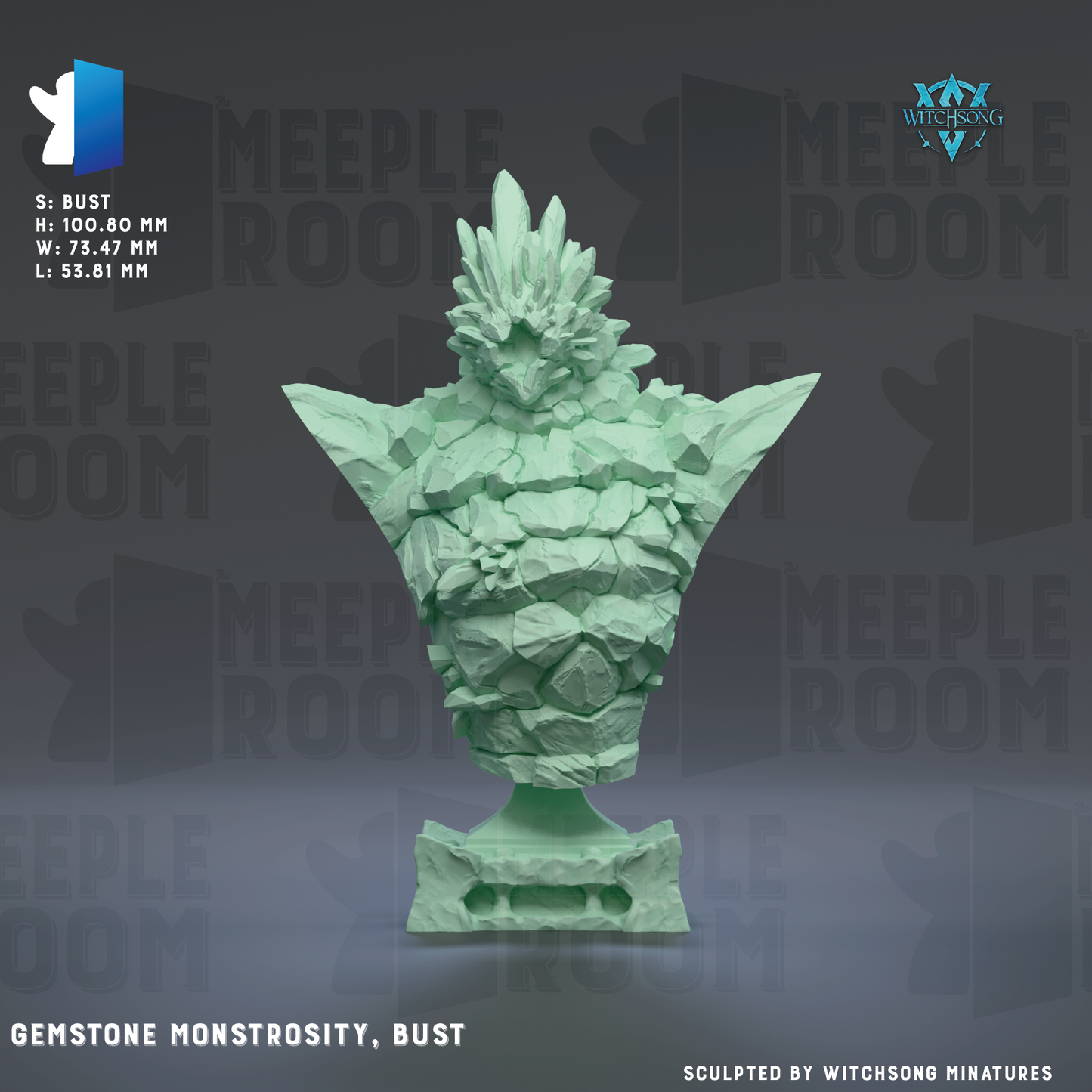 a bust sculpture of a green gemstone monster with a large head and sharp teeth, set against a dark background with repeated text.