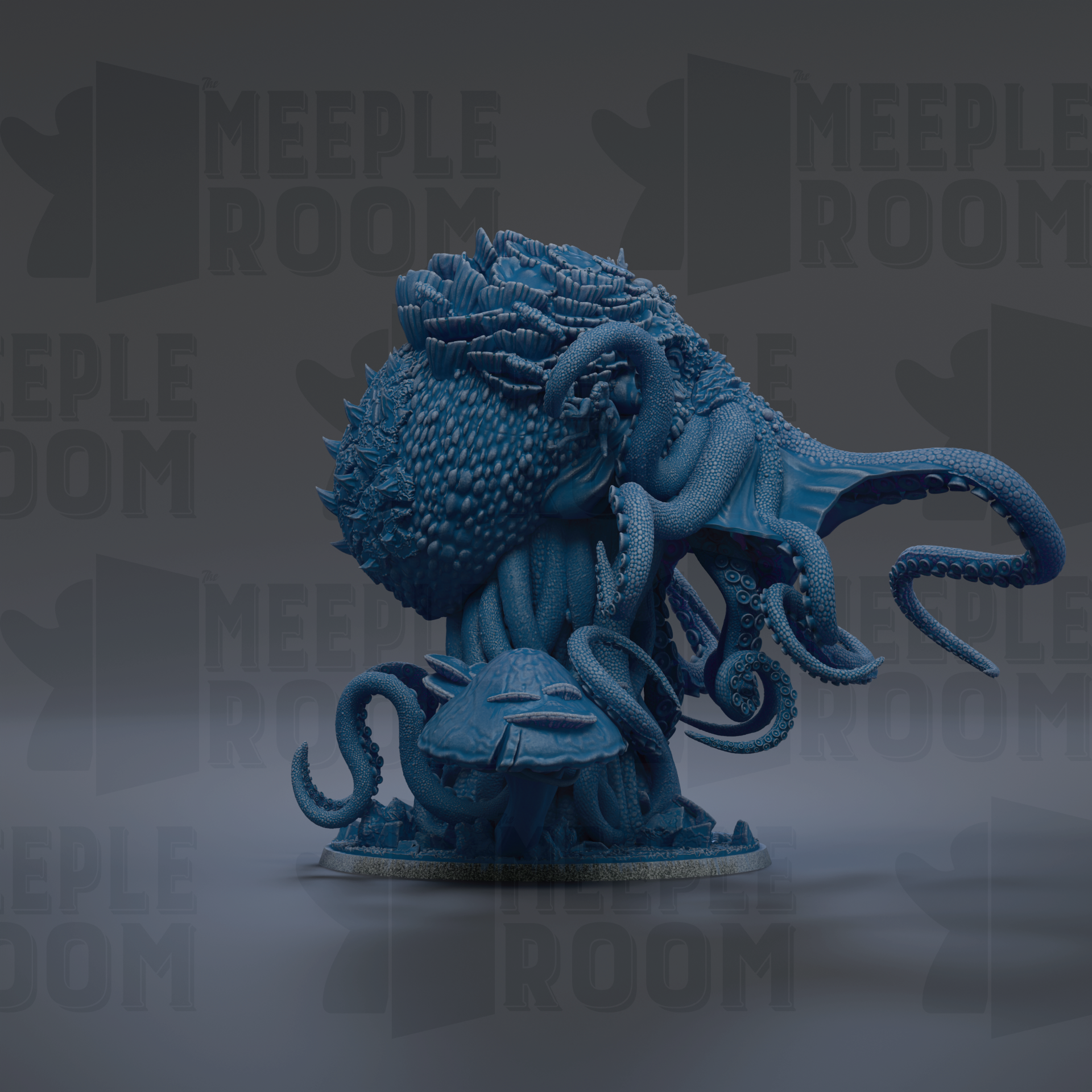 A large, detailed, and intricate blue creature resembling a squid or octopus, with multiple tentacles and a complex, textured appearance.