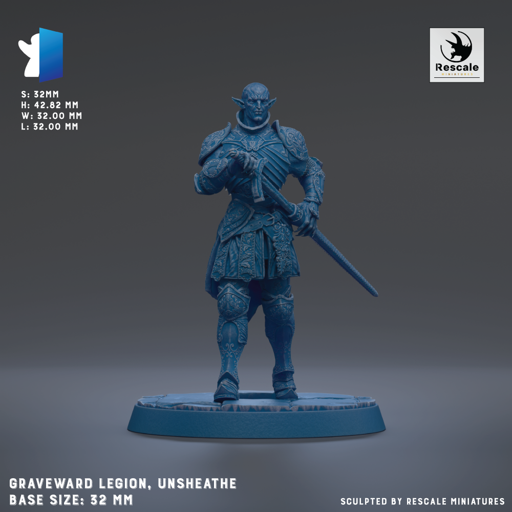 a figurine of a warrior standing in a defensive stance, holding a sword. The figurine is made of a material that resembles metal and is displayed on a blue base. The figurine is of a size of 22.2 mm and is described as a "graverdward legion, unsheathe base size: 22.2 mm". The image is a 3D rendering of the figurine, and it is described as being sculpted by Rescale miniatures.