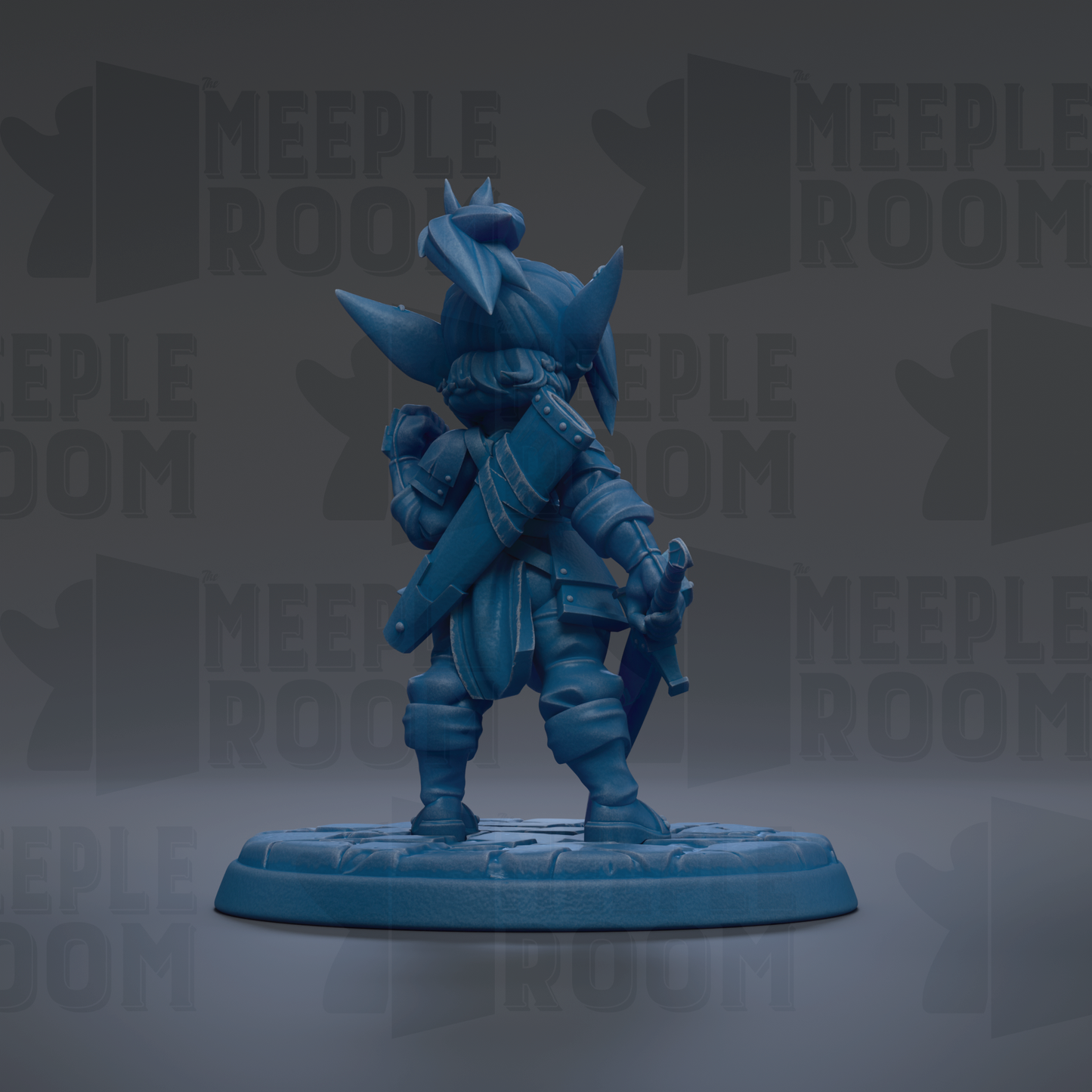 A blue figurine of a character with a sword and shield, standing on a base.