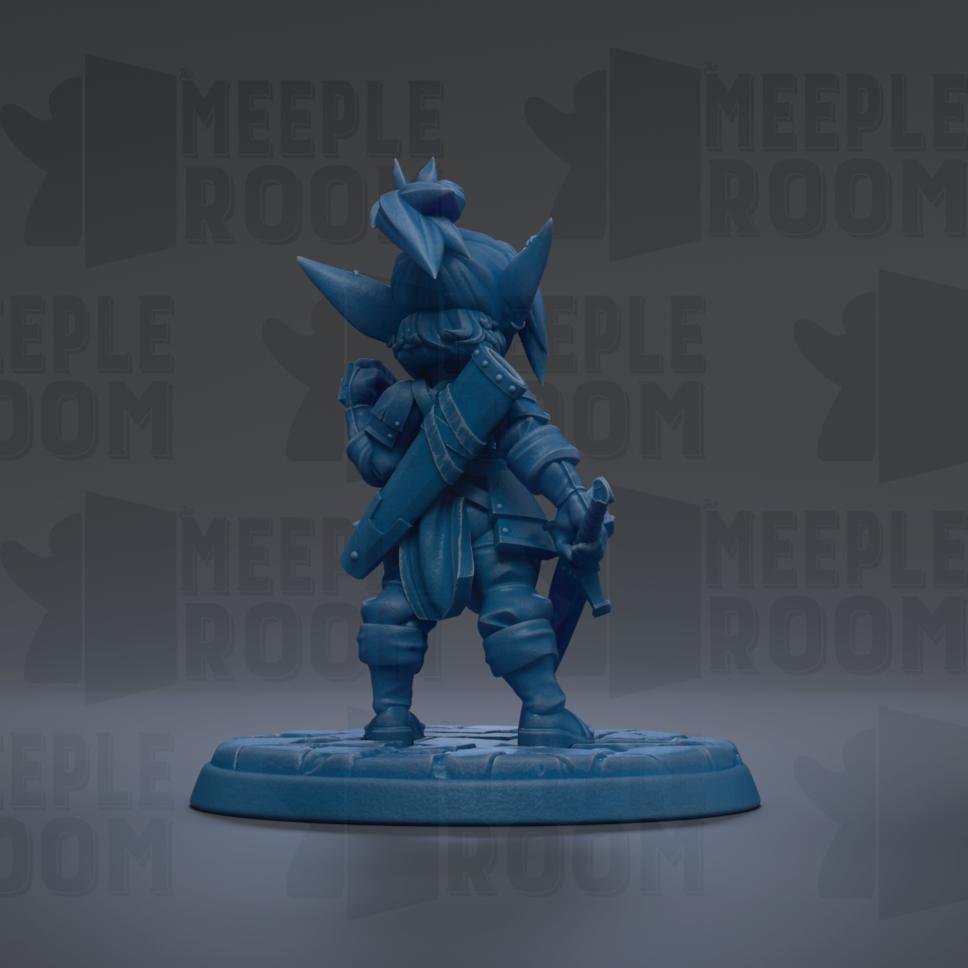 A blue figurine of a character with a sword and shield, standing on a base.