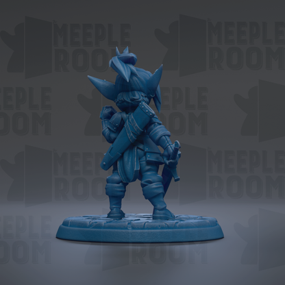 A blue figurine of a character with a sword and shield, standing on a base.