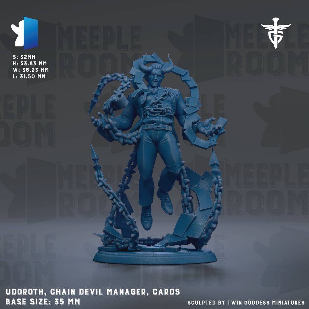 The image is a figurine of a chain devil manager, also known as Chain Devil Manager, which is a character from the video game series "Meeple Room". The figurine is depicted in a dynamic pose, surrounded by chains and other elements, and is shown in a 3.5mm base size. The image is a collage of various images related to the video game series, and it is described as a "sculpted by Twin Goddesses miniatures".